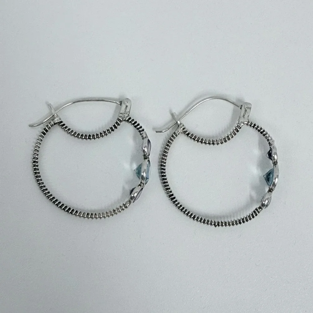 Large Sterling Thin Cable Hoops Amethyst and Blue Topaz 6 Grams Pierced Ears